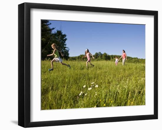 Hikeers walk in a field in Sabins Pasture, Montpelier, Vermont, USA-Jerry & Marcy Monkman-Framed Photographic Print