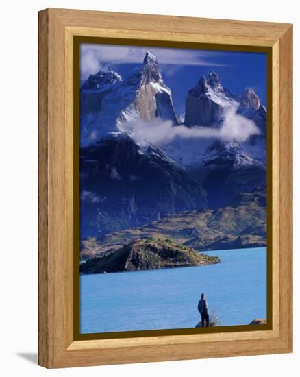 Hiker and Cuernos del Paine, Torres del Paine National Park, Chile-Art Wolfe-Framed Premier Image Canvas