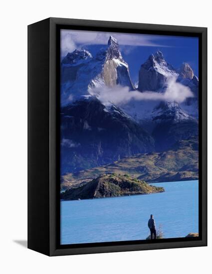 Hiker and Cuernos del Paine, Torres del Paine National Park, Chile-Art Wolfe-Framed Premier Image Canvas