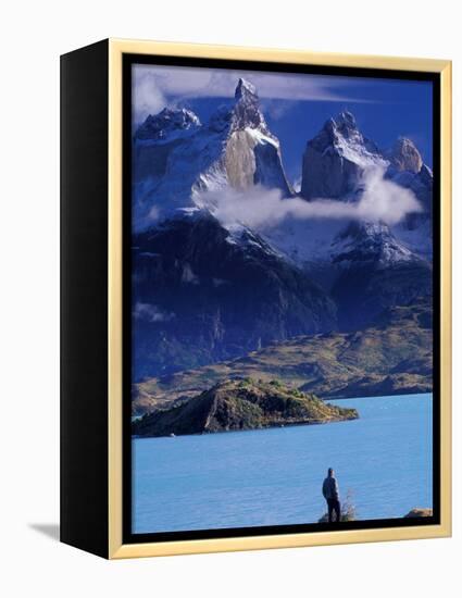 Hiker and Cuernos del Paine, Torres del Paine National Park, Chile-Art Wolfe-Framed Premier Image Canvas