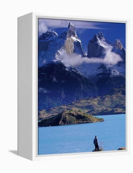 Hiker and Cuernos del Paine, Torres del Paine National Park, Chile-Art Wolfe-Framed Premier Image Canvas