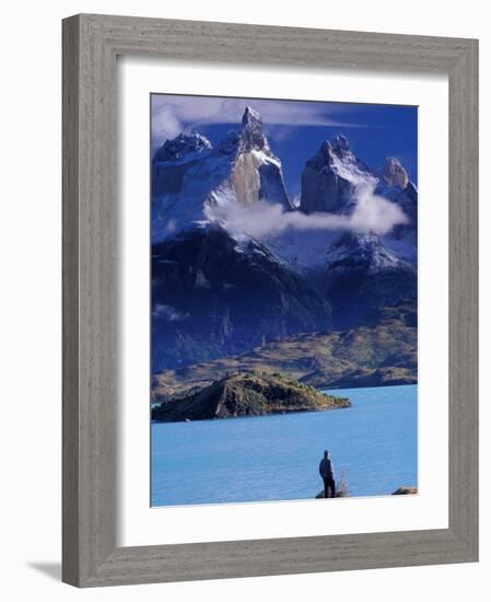 Hiker and Cuernos del Paine, Torres del Paine National Park, Chile-Art Wolfe-Framed Photographic Print