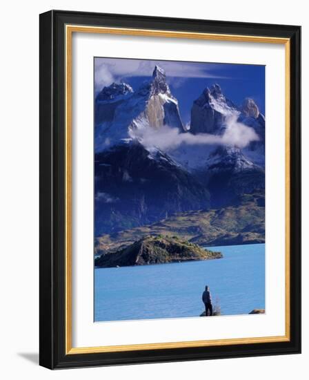 Hiker and Cuernos del Paine, Torres del Paine National Park, Chile-Art Wolfe-Framed Photographic Print