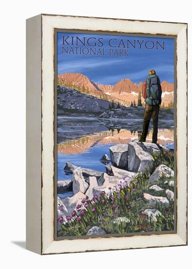 Hiker and Lake - Kings Canyon National Park, California-Lantern Press-Framed Stretched Canvas