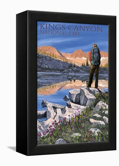 Hiker and Lake - Kings Canyon National Park, California-Lantern Press-Framed Stretched Canvas