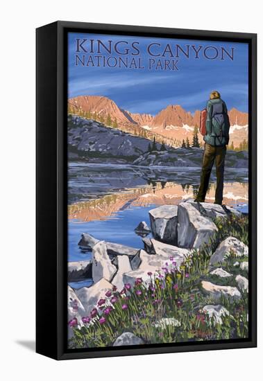 Hiker and Lake - Kings Canyon National Park, California-Lantern Press-Framed Stretched Canvas