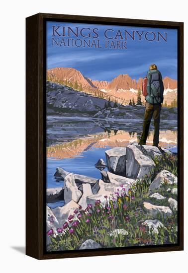 Hiker and Lake - Kings Canyon National Park, California-Lantern Press-Framed Stretched Canvas