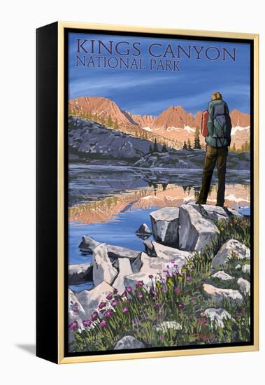 Hiker and Lake - Kings Canyon National Park, California-Lantern Press-Framed Stretched Canvas