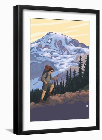 Hiker and Mountain-Lantern Press-Framed Art Print