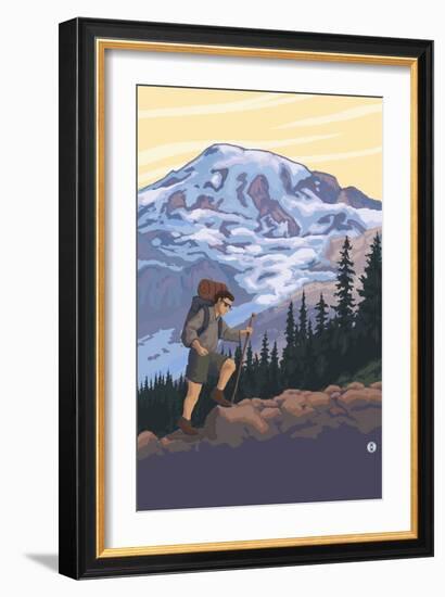 Hiker and Mountain-Lantern Press-Framed Art Print