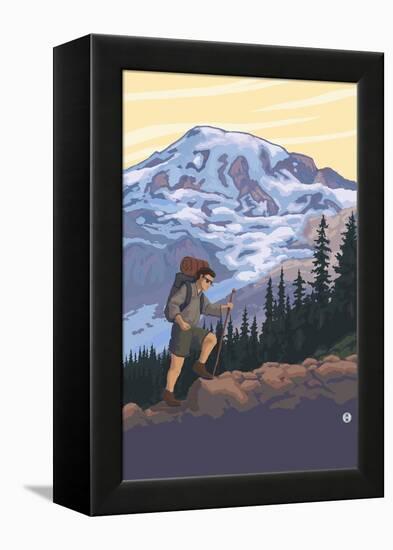 Hiker and Mountain-Lantern Press-Framed Stretched Canvas
