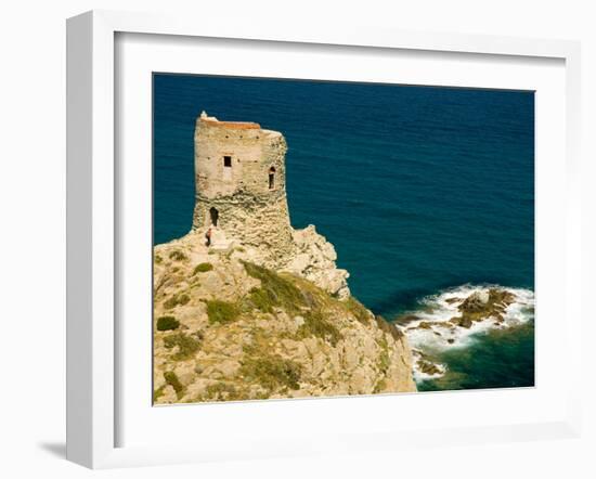 Hiker Approaches Genoan Tower, Cap Corse, Corsica, France-Trish Drury-Framed Photographic Print