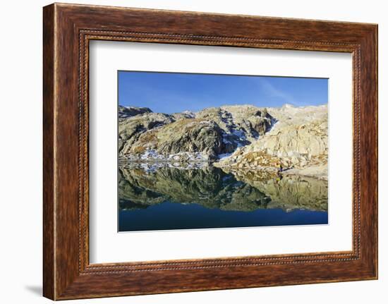 Hiker at Lac Blanc, Chamonix, Haute-Savoie, French Alps, France, Europe-Christian Kober-Framed Photographic Print