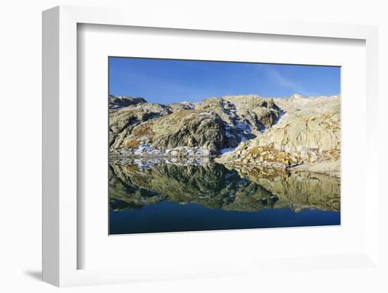 Hiker at Lac Blanc, Chamonix, Haute-Savoie, French Alps, France, Europe-Christian Kober-Framed Photographic Print