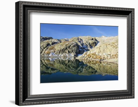 Hiker at Lac Blanc, Chamonix, Haute-Savoie, French Alps, France, Europe-Christian Kober-Framed Photographic Print