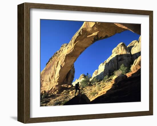 Hiker Below Natural Navajo Sandstone Hickman Bridge, Capitol Reef National Park, Utah, Usa-Scott T. Smith-Framed Photographic Print