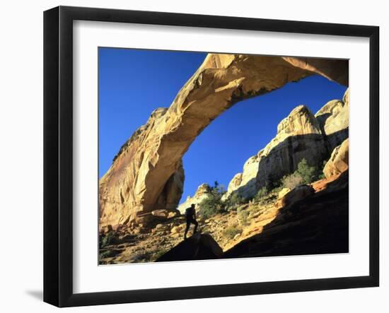 Hiker Below Natural Navajo Sandstone Hickman Bridge, Capitol Reef National Park, Utah, Usa-Scott T. Smith-Framed Photographic Print