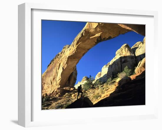 Hiker Below Natural Navajo Sandstone Hickman Bridge, Capitol Reef National Park, Utah, Usa-Scott T. Smith-Framed Photographic Print