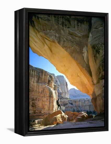 Hiker Below Natural Navajo Sandstone Hickman Bridge, Capitol Reef National Park, Utah, Usa-Scott T^ Smith-Framed Premier Image Canvas