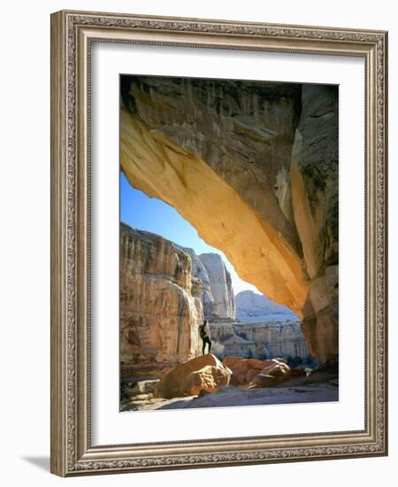 Hiker Below Natural Navajo Sandstone Hickman Bridge, Capitol Reef National Park, Utah, Usa-Scott T^ Smith-Framed Photographic Print