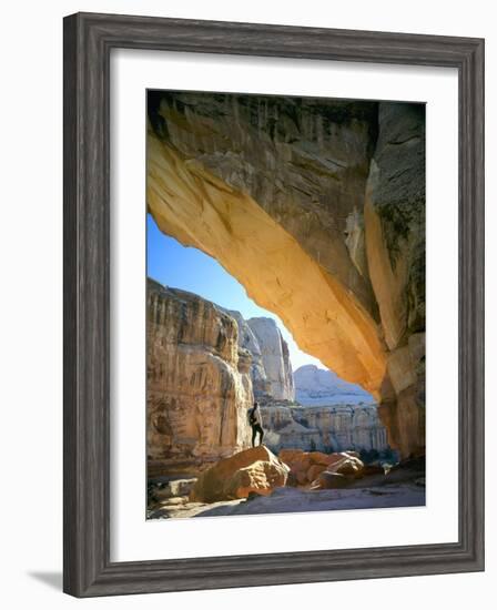 Hiker Below Natural Navajo Sandstone Hickman Bridge, Capitol Reef National Park, Utah, Usa-Scott T^ Smith-Framed Photographic Print