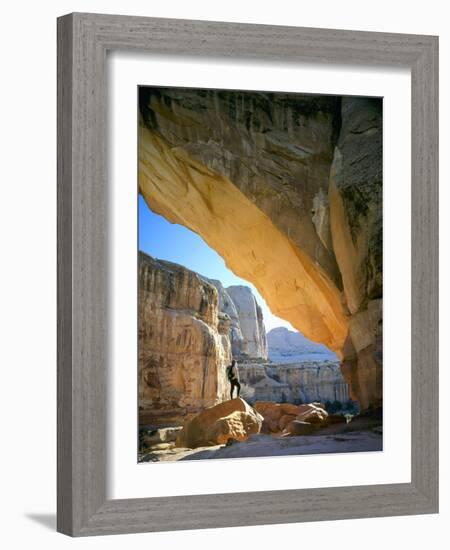 Hiker Below Natural Navajo Sandstone Hickman Bridge, Capitol Reef National Park, Utah, Usa-Scott T^ Smith-Framed Photographic Print