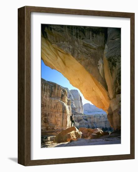 Hiker Below Natural Navajo Sandstone Hickman Bridge, Capitol Reef National Park, Utah, Usa-Scott T^ Smith-Framed Photographic Print
