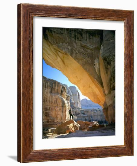 Hiker Below Natural Navajo Sandstone Hickman Bridge, Capitol Reef National Park, Utah, Usa-Scott T^ Smith-Framed Photographic Print