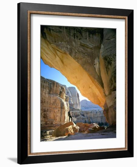 Hiker Below Natural Navajo Sandstone Hickman Bridge, Capitol Reef National Park, Utah, Usa-Scott T^ Smith-Framed Photographic Print