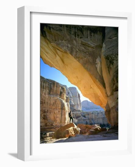 Hiker Below Natural Navajo Sandstone Hickman Bridge, Capitol Reef National Park, Utah, Usa-Scott T^ Smith-Framed Photographic Print