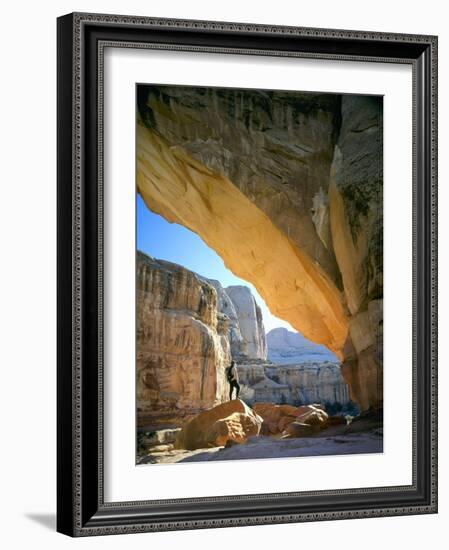 Hiker Below Natural Navajo Sandstone Hickman Bridge, Capitol Reef National Park, Utah, Usa-Scott T^ Smith-Framed Photographic Print