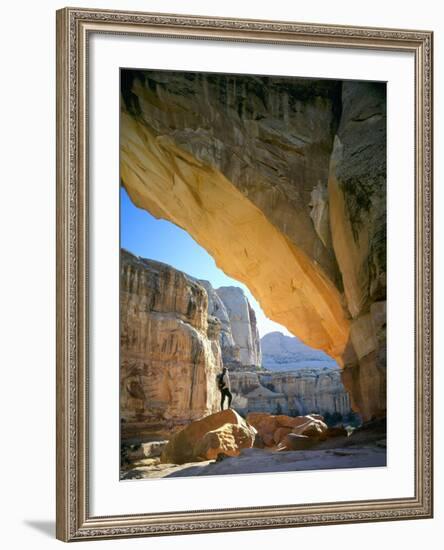 Hiker Below Natural Navajo Sandstone Hickman Bridge, Capitol Reef National Park, Utah, Usa-Scott T^ Smith-Framed Photographic Print