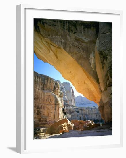 Hiker Below Natural Navajo Sandstone Hickman Bridge, Capitol Reef National Park, Utah, Usa-Scott T^ Smith-Framed Photographic Print