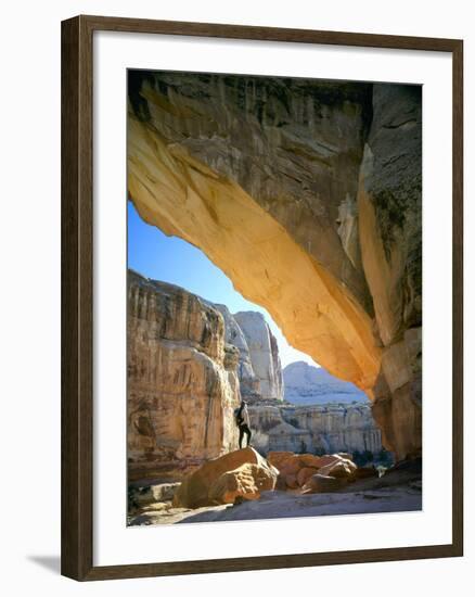 Hiker Below Natural Navajo Sandstone Hickman Bridge, Capitol Reef National Park, Utah, Usa-Scott T^ Smith-Framed Photographic Print