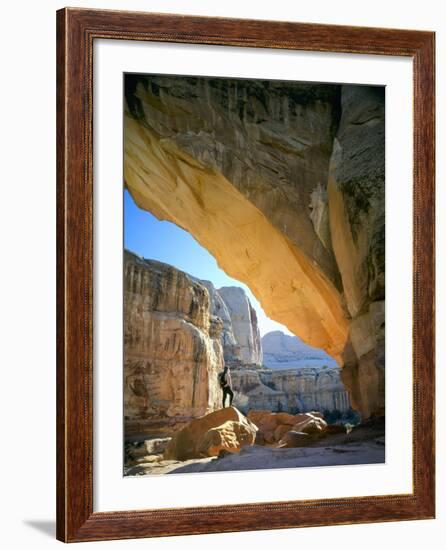 Hiker Below Natural Navajo Sandstone Hickman Bridge, Capitol Reef National Park, Utah, Usa-Scott T^ Smith-Framed Photographic Print