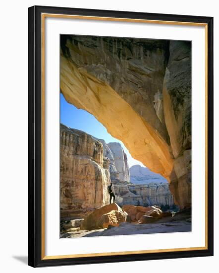 Hiker Below Natural Navajo Sandstone Hickman Bridge, Capitol Reef National Park, Utah, Usa-Scott T^ Smith-Framed Photographic Print