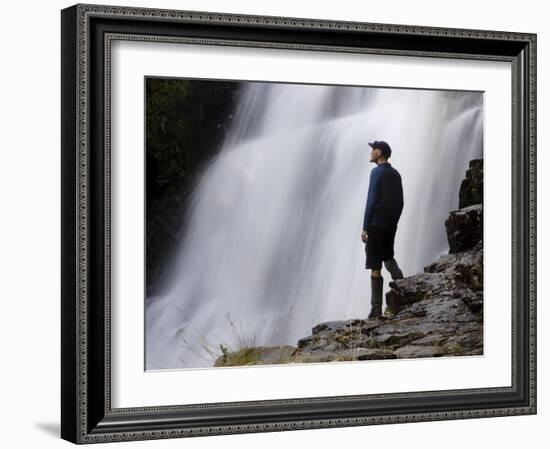 Hiker Enjoys Fergusson Falls on the Overland Track, Tasmania-Julian Love-Framed Photographic Print