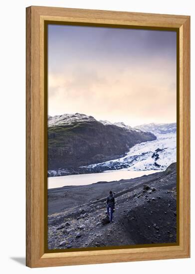 Hiker in front of the Vatnajokull glacier in Vatnajokull National Park in southeast Iceland, Polar -Alex Robinson-Framed Premier Image Canvas