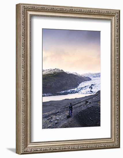 Hiker in front of the Vatnajokull glacier in Vatnajokull National Park in southeast Iceland, Polar -Alex Robinson-Framed Photographic Print