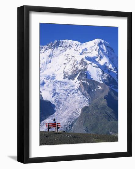 Hiker on Bench, the Breithorn and Breithorn Glacier, Rotenboden, Zermatt, Valais, Switzerland-Tomlinson Ruth-Framed Photographic Print