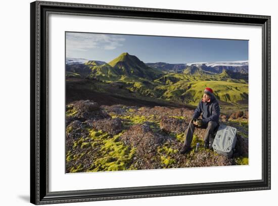 Hiker Resting, Laugarvegur, Fjallabak, South Iceland, Iceland-Rainer Mirau-Framed Photographic Print