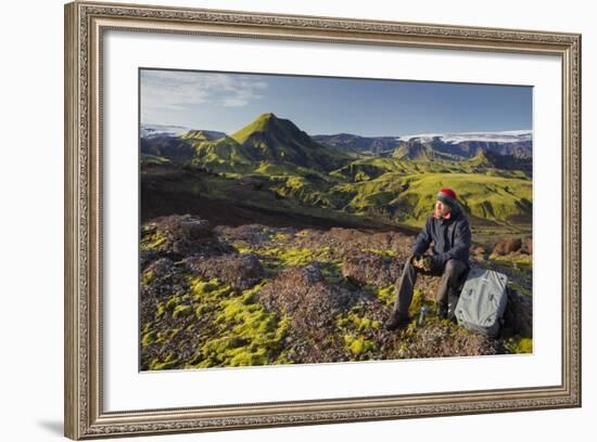 Hiker Resting, Laugarvegur, Fjallabak, South Iceland, Iceland-Rainer Mirau-Framed Photographic Print