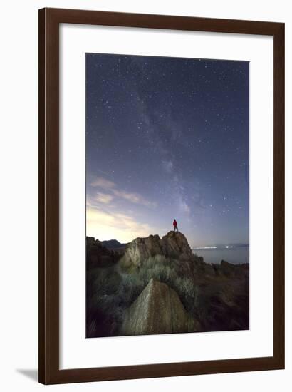 Hiker Standing Under Stars And Looking Up At Milky Way, Buffalo Point At Antelope Island SP, Utah-Austin Cronnelly-Framed Photographic Print