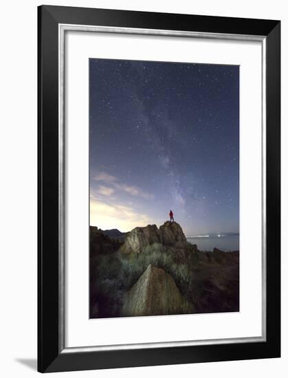 Hiker Standing Under Stars And Looking Up At Milky Way, Buffalo Point At Antelope Island SP, Utah-Austin Cronnelly-Framed Photographic Print