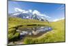 Hiker with dog admires the peaks of Mont De La Saxe reflected in water, Courmayeur, Aosta Valley, I-Roberto Moiola-Mounted Photographic Print