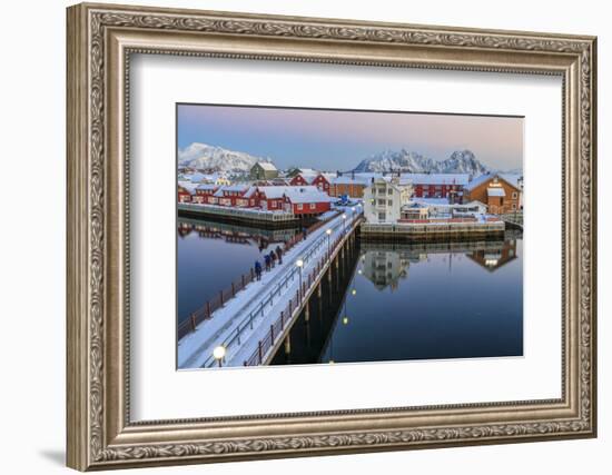 Hikers Admire Sunset Colors on the Typical Red Houses from a Deck-Roberto Moiola-Framed Photographic Print