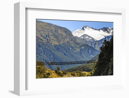 Hikers Cross a Footbridge, Rob Roy Glacier Trail, New Zealand-James White-Framed Photographic Print