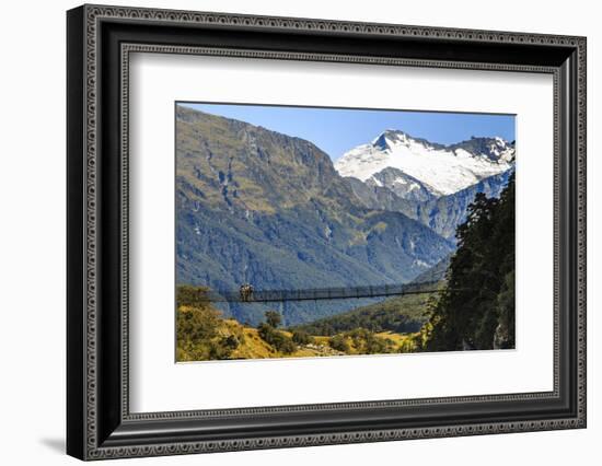 Hikers Cross a Footbridge, Rob Roy Glacier Trail, New Zealand-James White-Framed Photographic Print