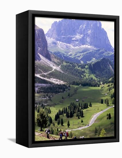 Hikers on Alta Via Dolomiti Trail and Gardena Pass Below and Sassolungo Range 3181M, Alto Adige-Richard Nebesky-Framed Premier Image Canvas