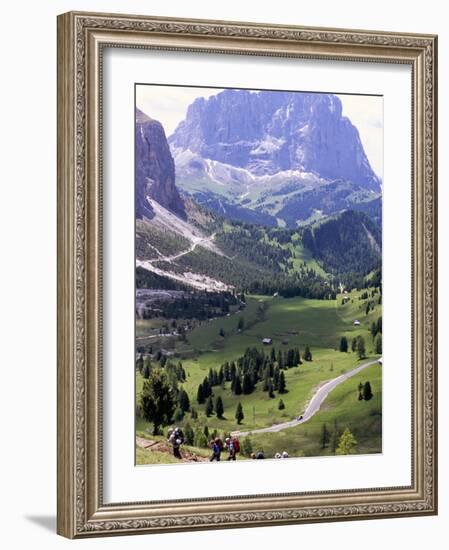 Hikers on Alta Via Dolomiti Trail and Gardena Pass Below and Sassolungo Range 3181M, Alto Adige-Richard Nebesky-Framed Photographic Print